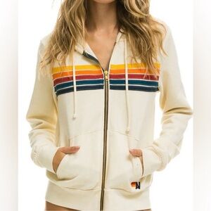 Aviator Nation Cream Hoodie with Rainbow Stripes